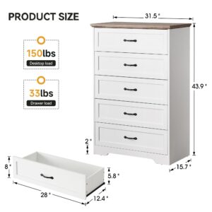 IDEALHOUSE Modern 5 Drawers Dresser, Chest of Drawers Closet Organizers and Storage Clothes, Modern Dressers for Closet Living Room, Kids Bedroom (5 Drawers Dresser, Brown&White)