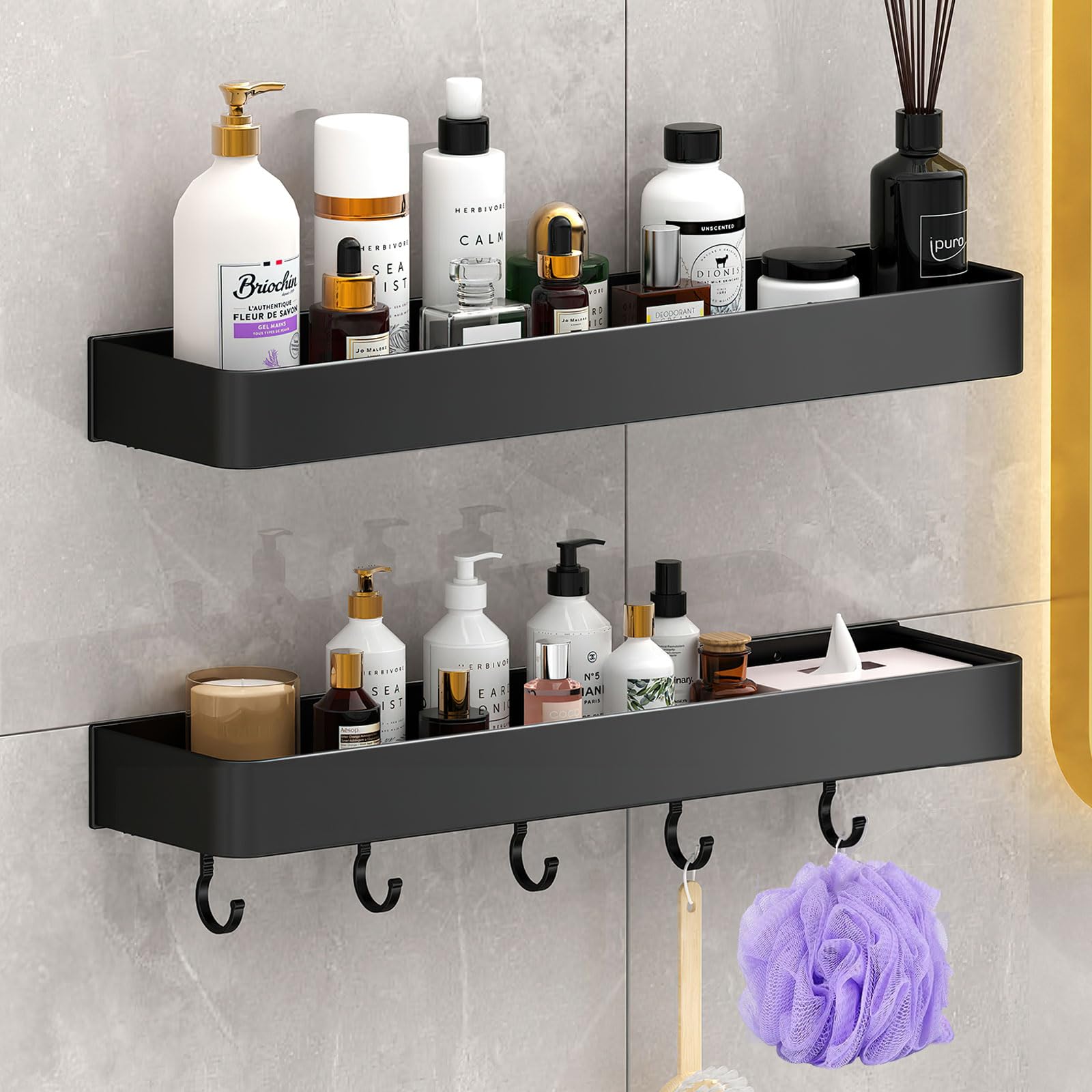 Shower Caddy, Max Size 15.7 Inches ,Won't Fall Off Shower Organizer, Rustproof Shower Shelves with Ultra Large Capacity, No Drill Shower Shelf with 5 Movable Hooks (Black) (Morden black 2 layer)