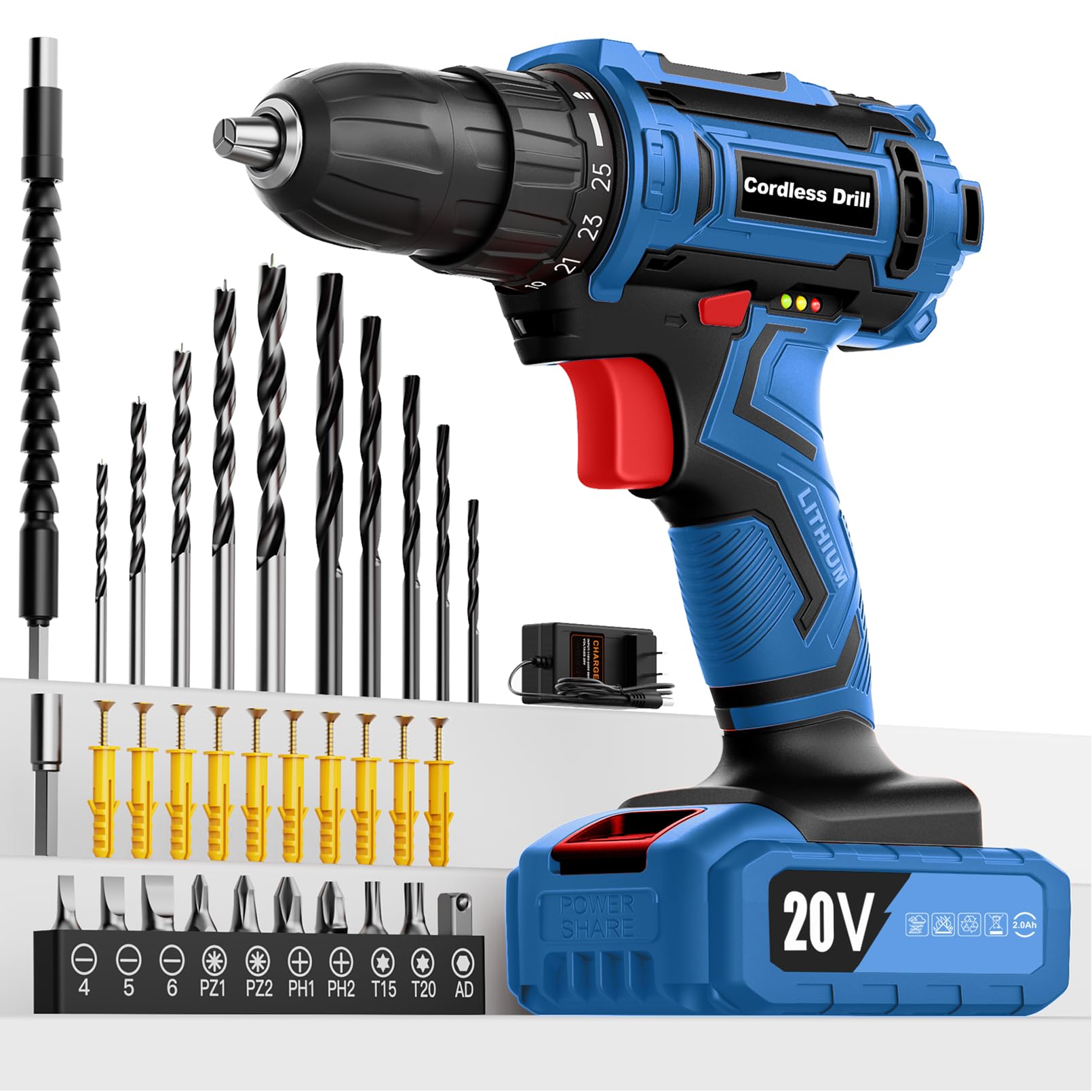 Drill Set, Cordless Drill 20V with Battery 2.0Ah, Electric Drill 25+1 Position, 2 Speed, 3/8 Inch Keyless Chuck, LED Light, Power Drill, 42pcs Accessories for Home DIY and Garden Repair