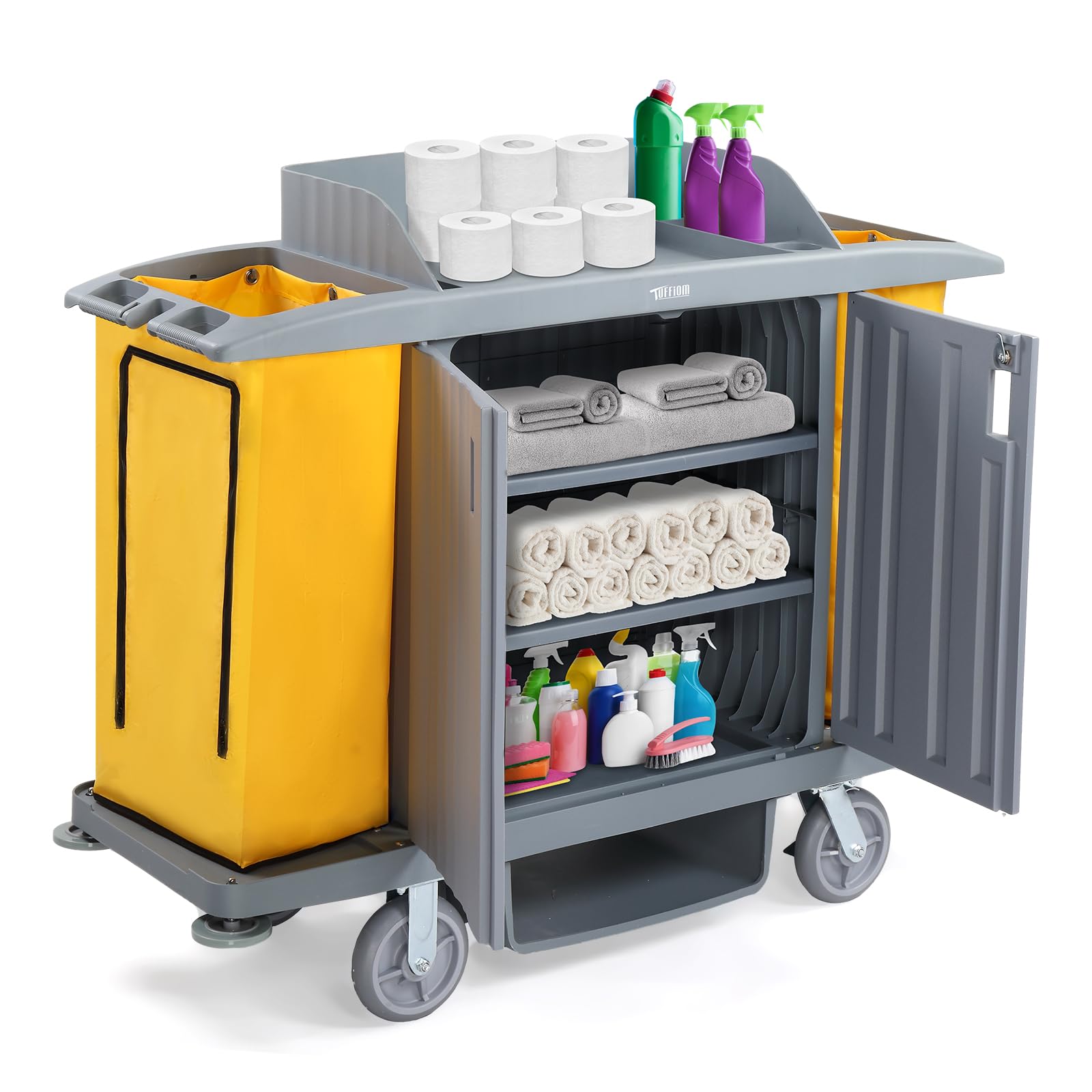 TUFFIOM Industrial Multifunctional Locking Hotel Cart,Commercial Traditional Cleaning Janitorial Room Service Housekeeping Cart, 51" H x 59" W x 20" D