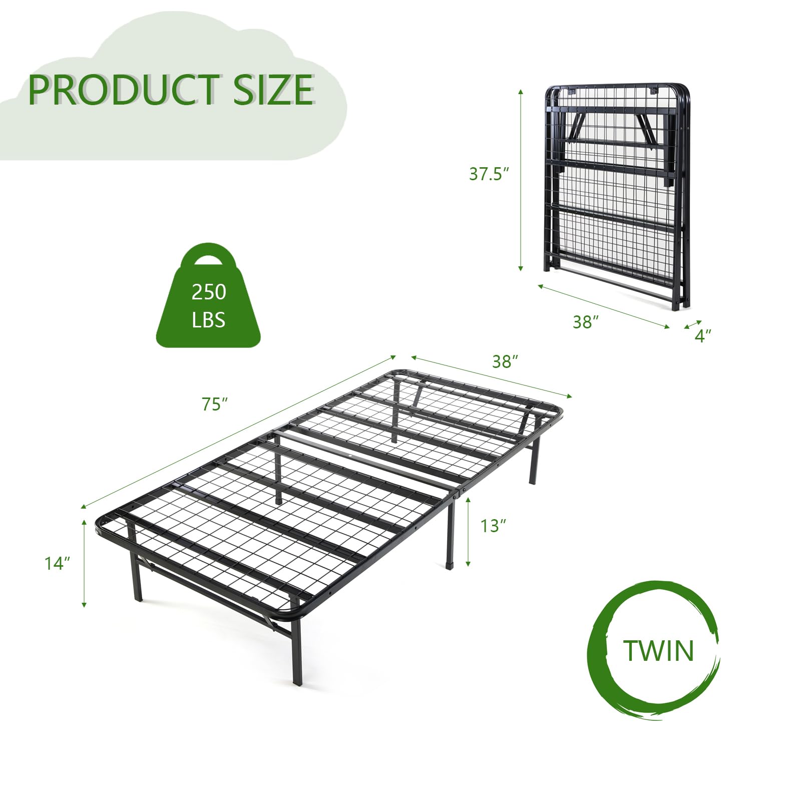 topfresh Twin Bed Frame Foldable Bed Frame Heavy Duty Metal Platform Bed Frame Twin Size Underbed Storage 14 Inches High Bed Frame No Box Spring Needed Black Sturdy Steel Bed Frame