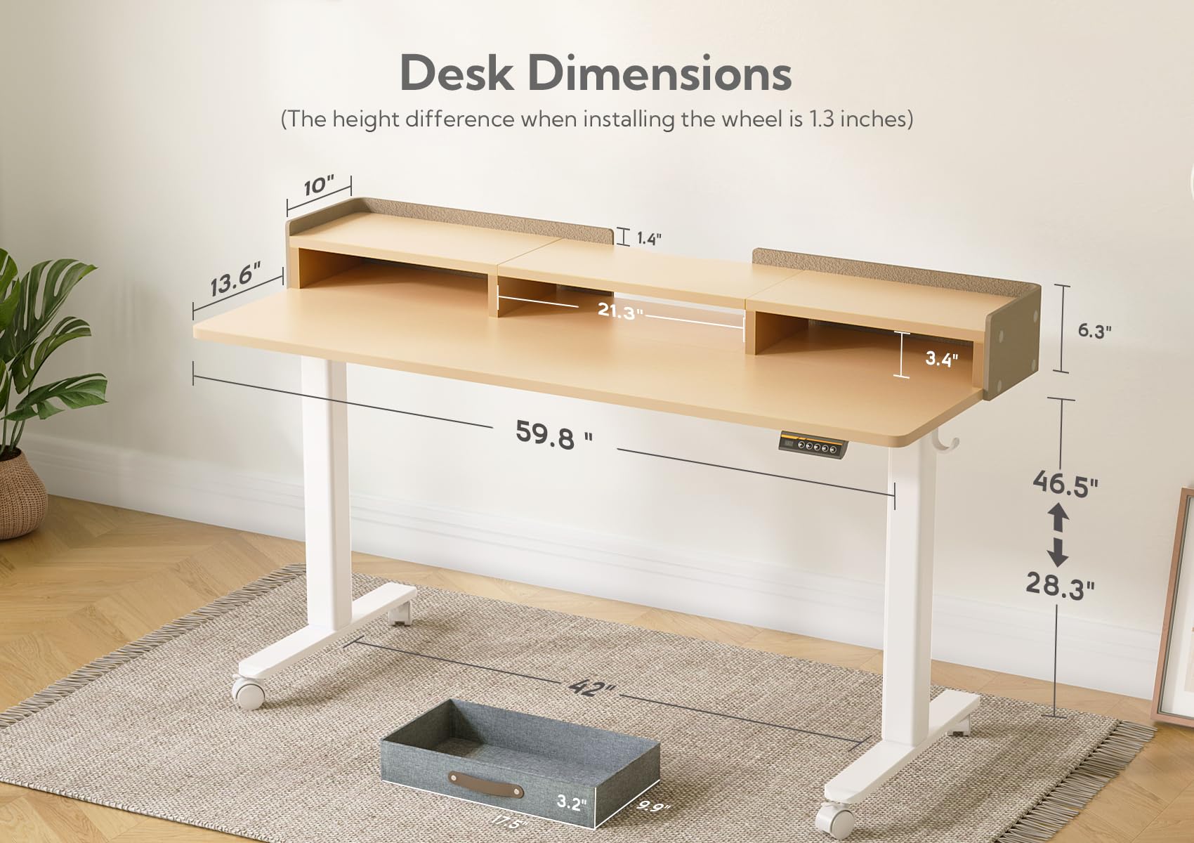 Claiks Standing Desk with Drawers, Adjustable Stand Up Electric Standing Desk Adjustable Height, Sit Stand Desk with Storage Shelf and Splice Board, 59 Inch, Natural