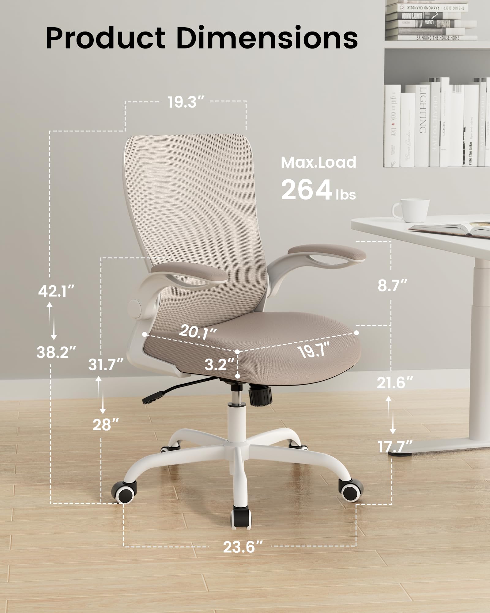 MUXX.STIL Office Chair, Ergonomic Desk Chair with Adjustable Lumbar Support and Flip up Armrest, Breathable Mesh Computer Chair for Home Office, Khaki