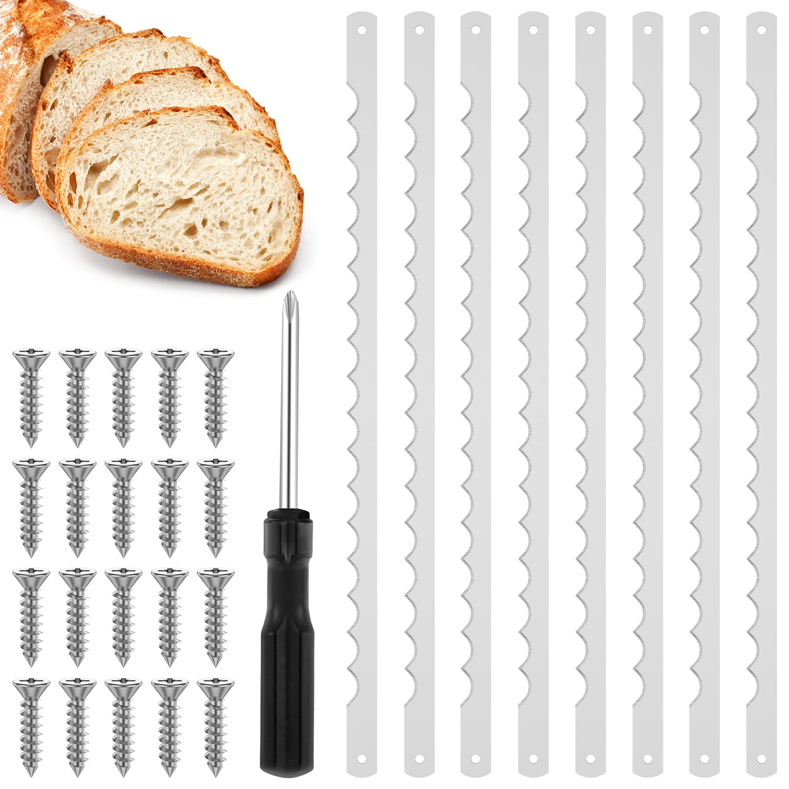 FALESOUL 8Pcs Bread Bow Knife Blades Stainless Steel Replacement Blade Bread Blade with Screws Rustproof Bread Slicer Bread Cutting Tool for Wooden Bread Cutter