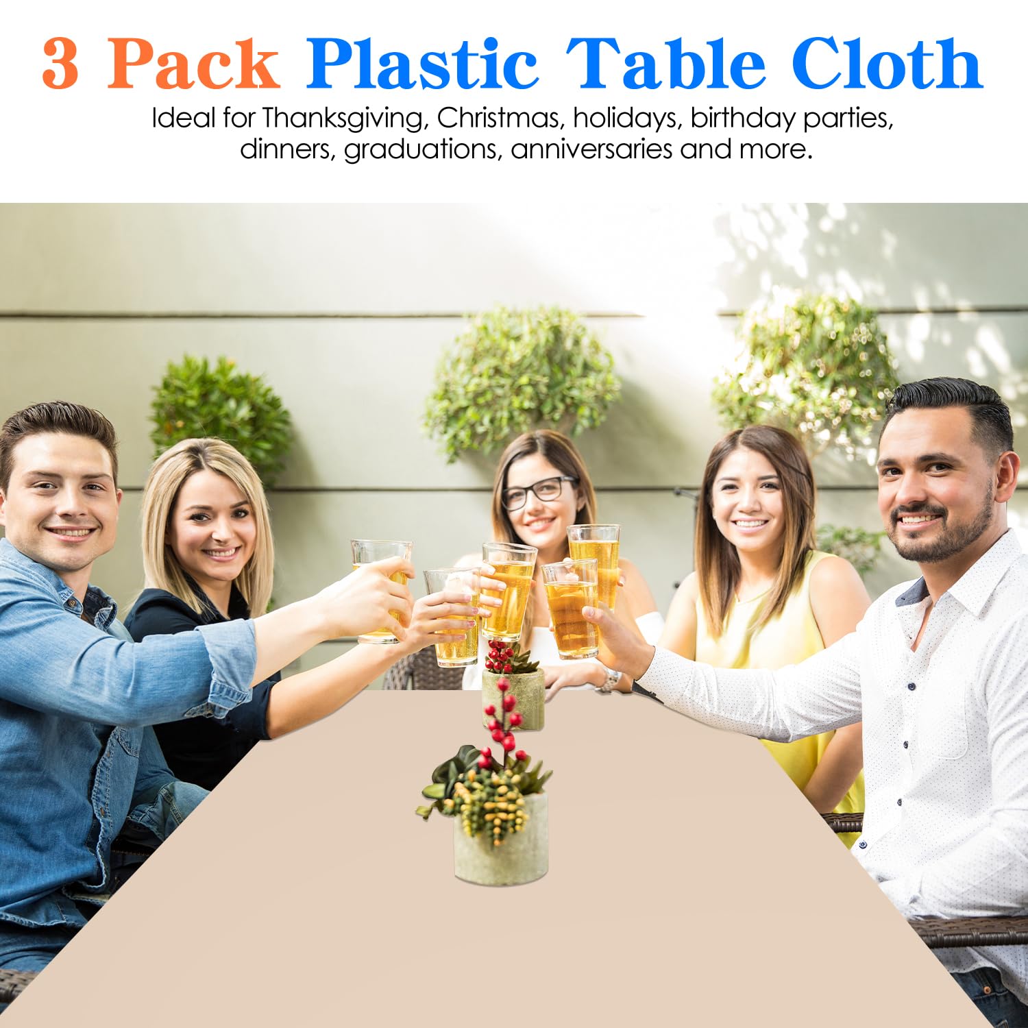 YSYJ 3 Pack Beige Plastic Tablecloth Disposable Rectangular Table Cloth 54 x 108 Inch Table Cover for Parties