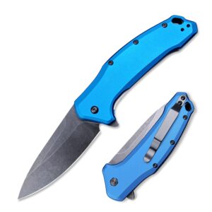 blue pocket knife，3.15" 9cr13mov steel blade and t6 aluminium handle，speedsafe assisted flipper folding knife with reversible pocketclip，edc liner lock knife for hunting