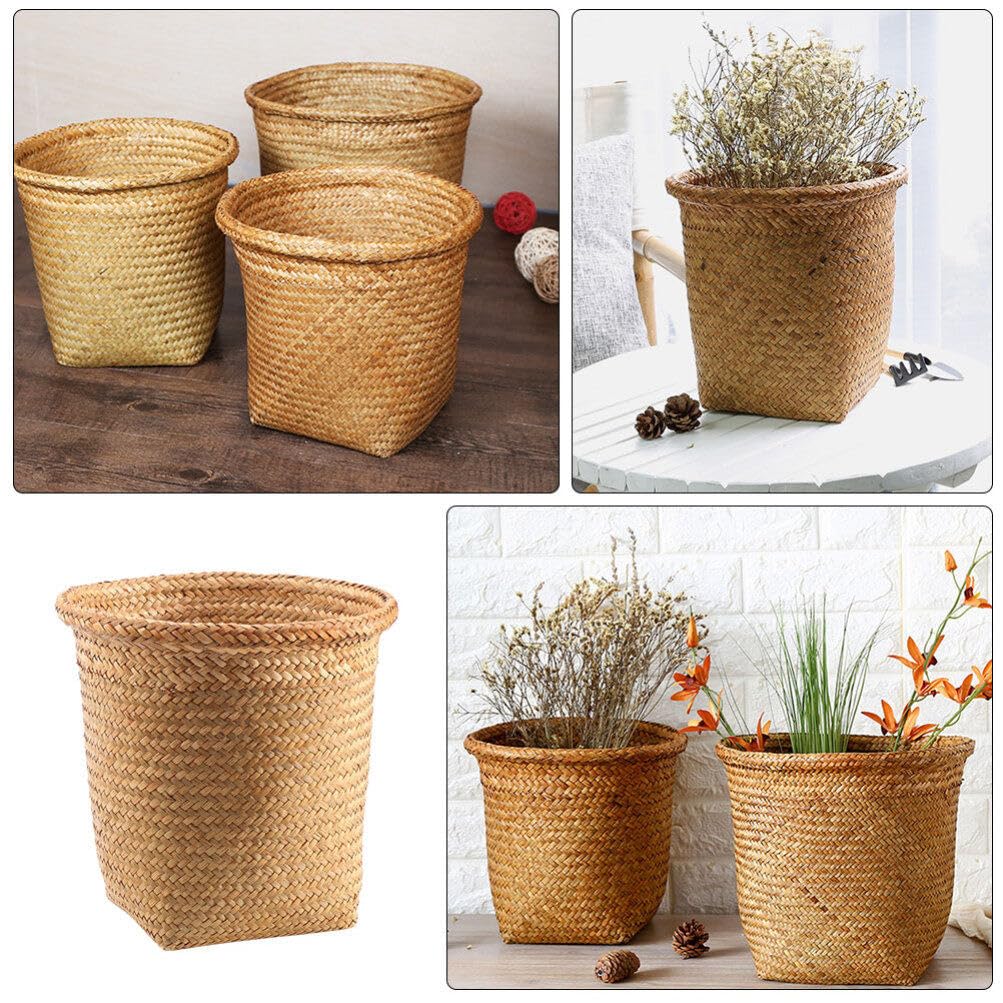 GANAZONO Straw Woven Trash Can, Wicker Waste Bin 12 Inch Small Handmade Planter Rustic Flower Pot Round Waste Basket Farmhouse Garbage Can for Bathroom Desktop Rubbish