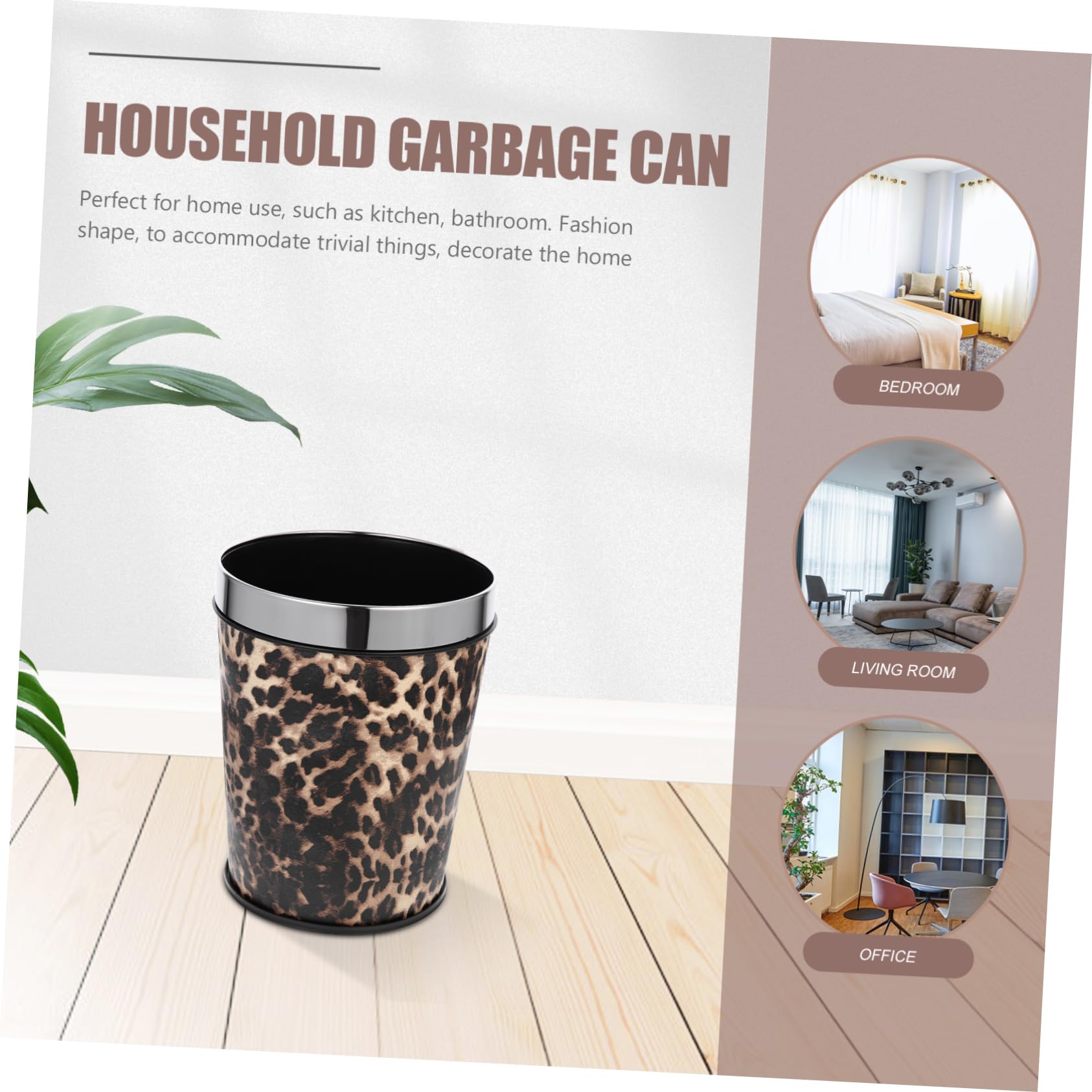 Holibanna Bathroom Trash Can Recycling Bin Round Waste Basket Office Wastebasket Bathroom Garbage Can Trash Cans Office Garbage Can Stainless Steel Leopard Print Container Box