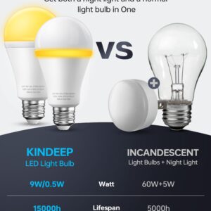 KINDEEP Sleep Light Bulb, 0.5W Amber Light Bulbs, 20lm 2000K, 2 Modes Bulb, 9W Equivalent 60W, 800lm, 2700K, E26 Blue Light Blocking Dim Lightbulbs for Lamp, Bderoom, Mood Soothing, Nursery, 4 Pack