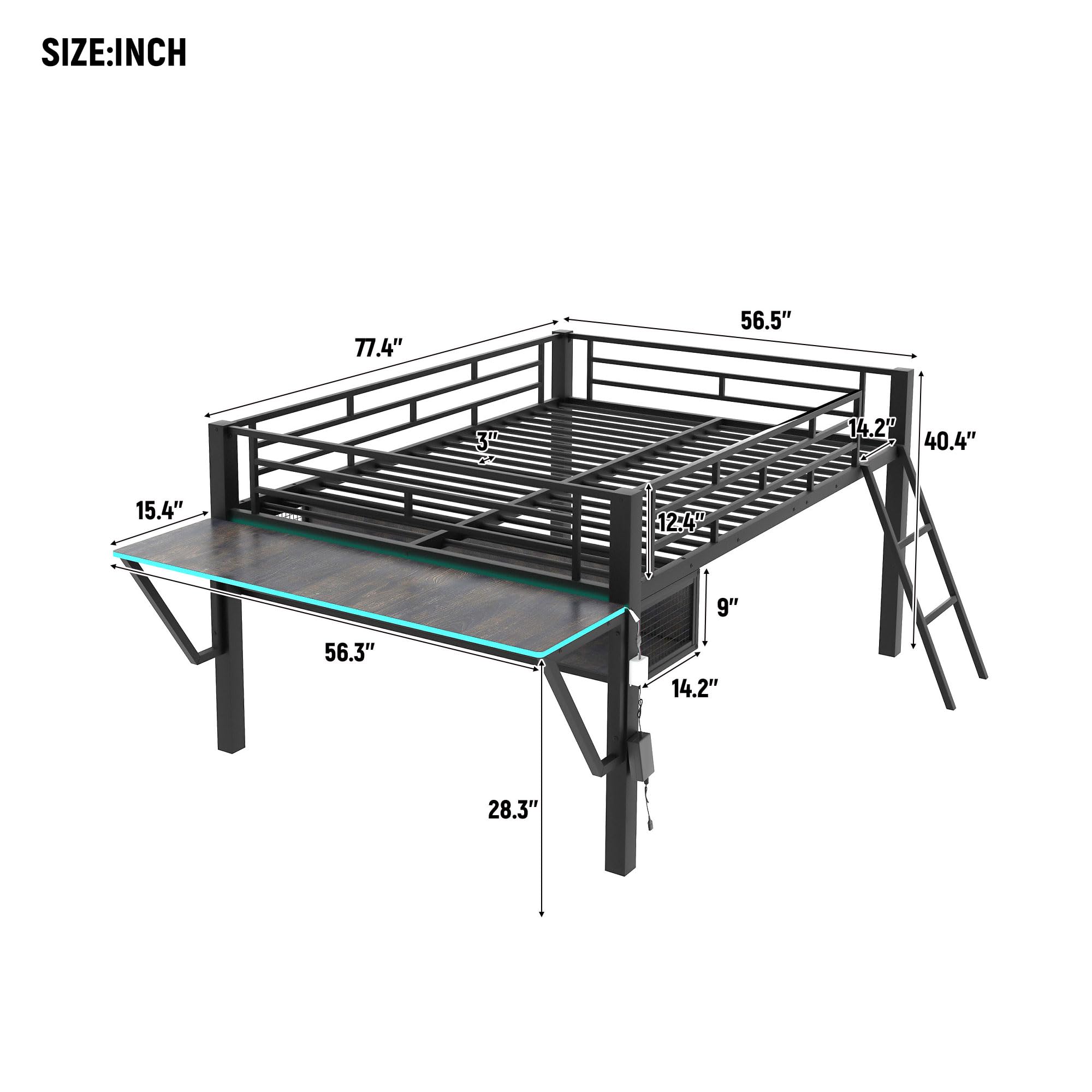 SOFTSEA Metal Low Loft Bed with Desk Full Loft Bed Frame Gaming Bed with LED and Storage Space for Kids