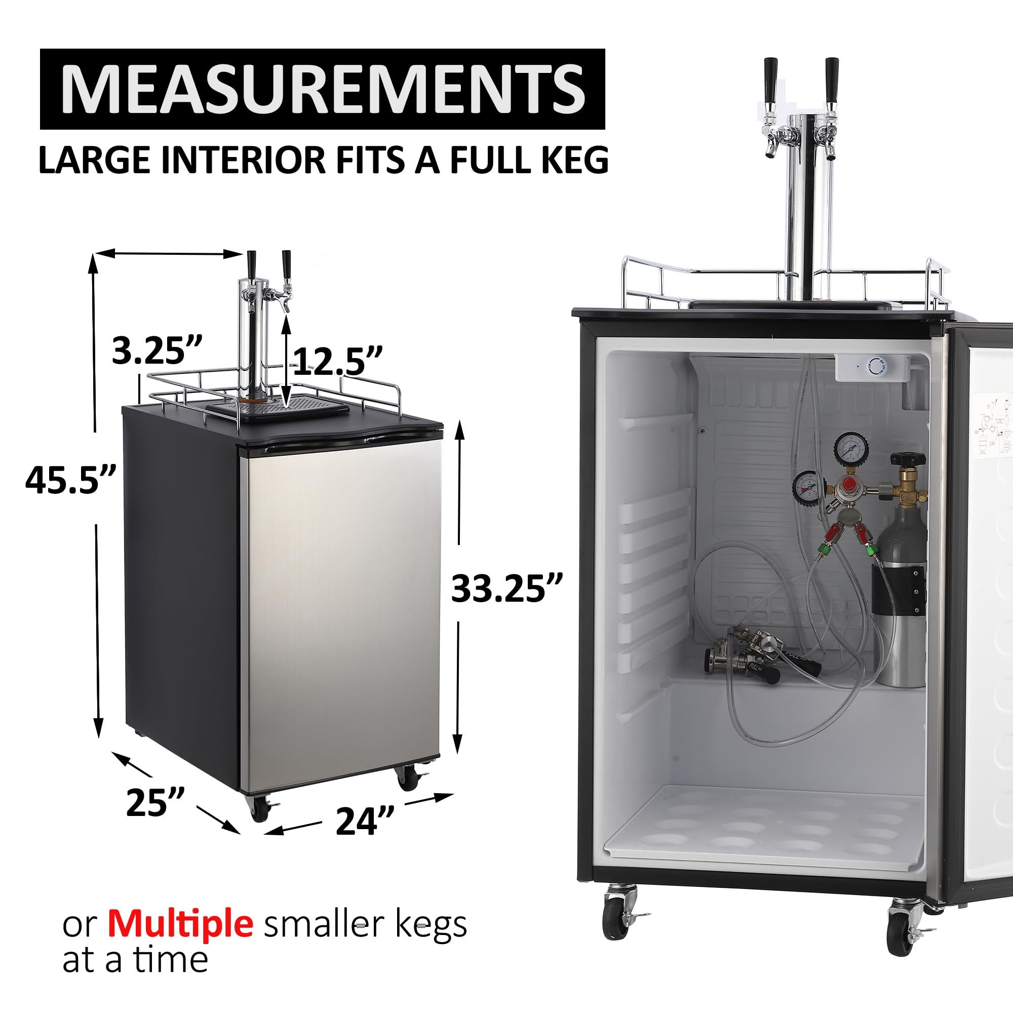 Kegerator and Keg Beer Cooler, Dual Tap Draft Beer Dispenser, Full Size Keg Refrigerator With Shelves, Stainless Steel, Drip Tray & Rail，silver