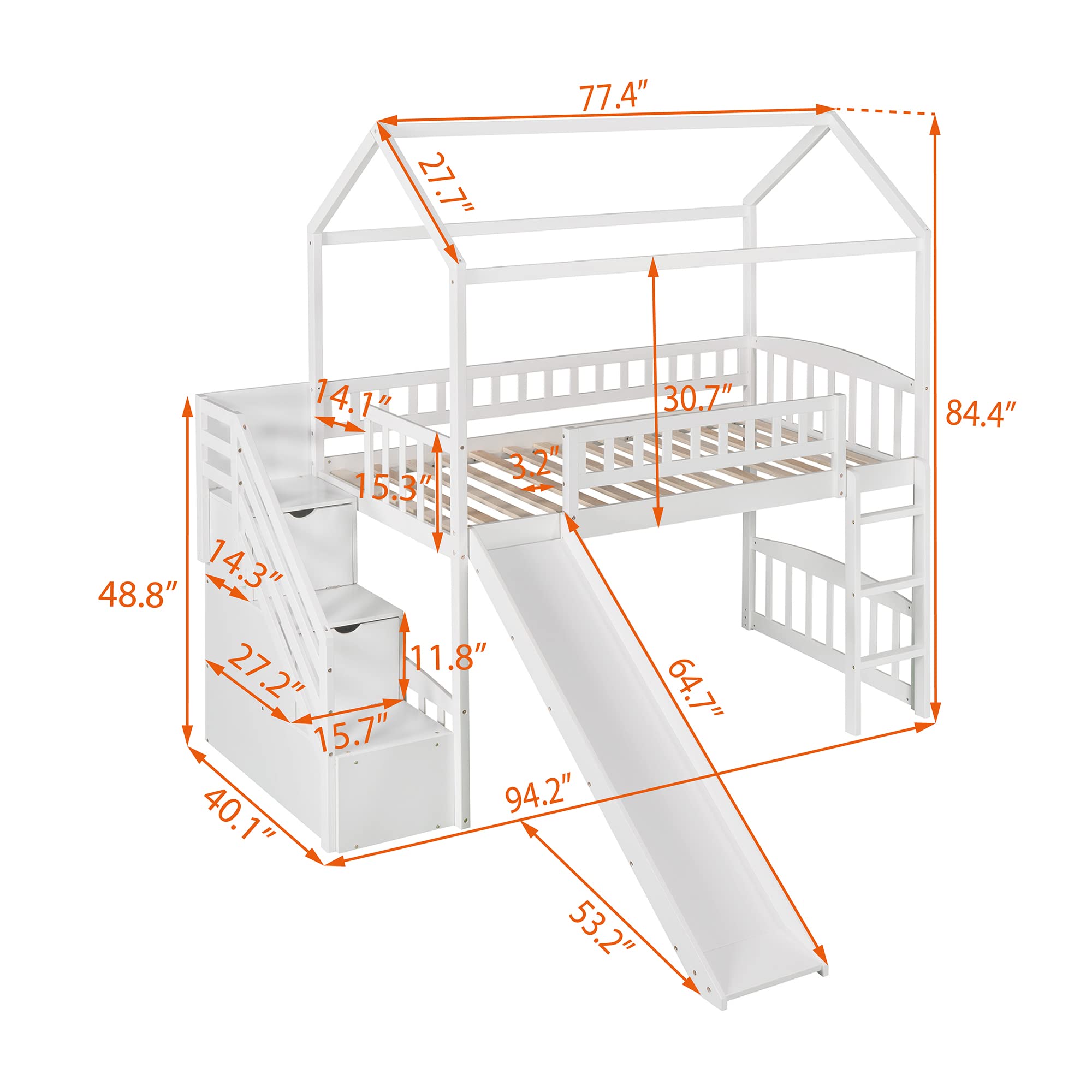 YOPTO Twin Size Loft Bed with Slide and Storage Steps,Wooden Playhouse BedFrame,w/Two Drawers & Safety Guardrail,No Box Spring Needed,for Kids, Teens, Girls, Boys,White