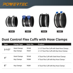 POWERTEC 70149-P9 4 Inch Dust Control Flex Cuff with Steel Hose Clamps, Hose Connector Rubber Cuff Coupler for Woodworking Dust Collection Fittings, Dust Collector Accessories & Machinery, 9 PK