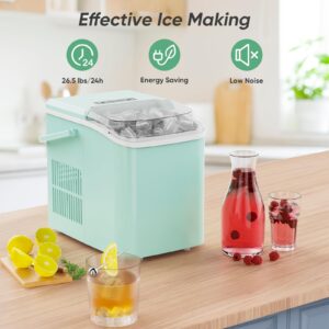 DUMOS Countertop Ice Maker, Portable Ice Machine Self-Cleaning, 9 Cubes in 6 Mins, 26.5lbs/24Hrs, 2 Sizes of Bullet Ice, with Ice Scoop, Basket and Handle, Ice Cube Maker for Home Kitchen Party,Green