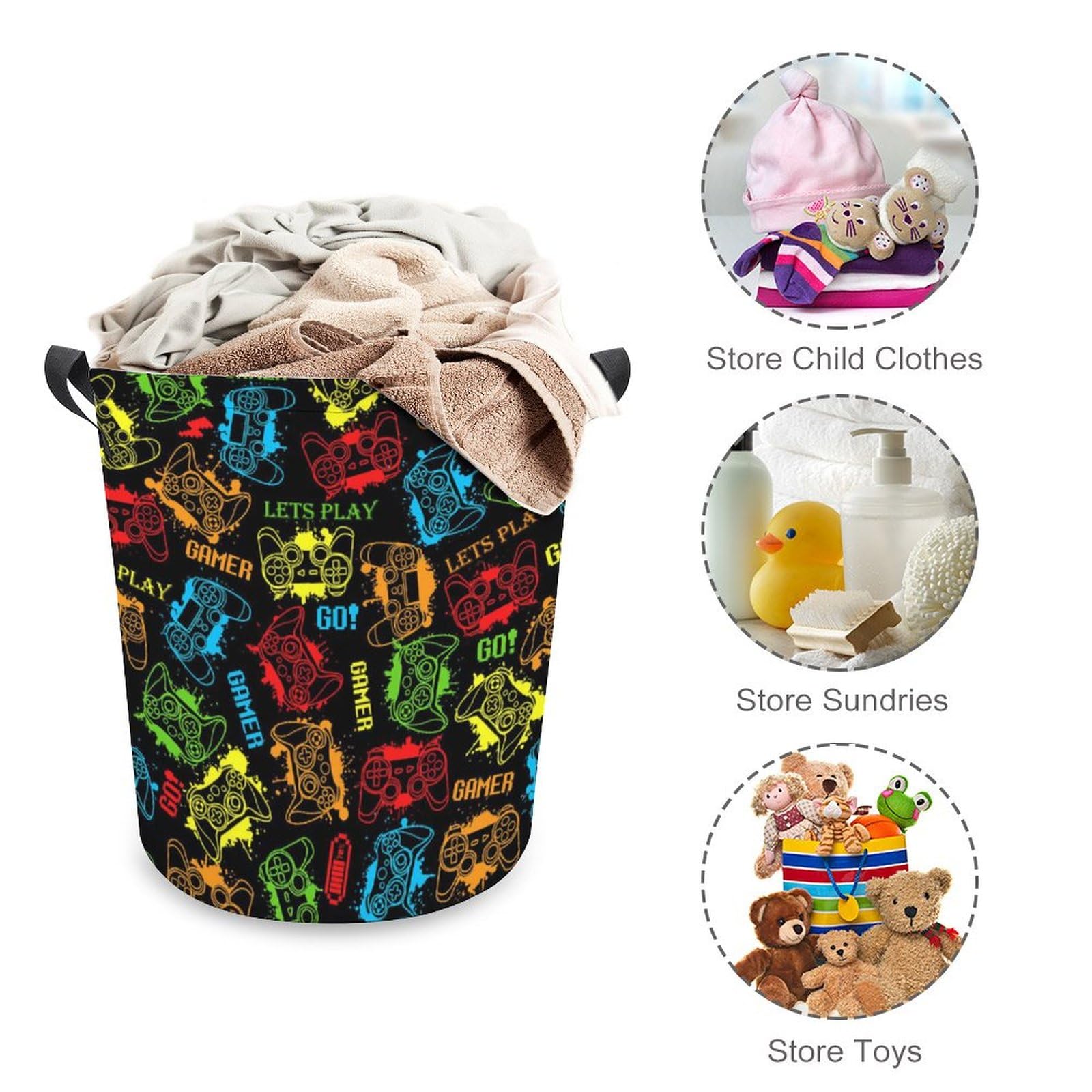 Game Theme Laundry Basket for Gamer Room Decor Boys Gamer Go Play Video Gamepad Storage Hamper Gaming Decor Boys Room for Dirty Clothes -S