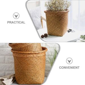 GANAZONO Straw Woven Trash Can, Wicker Waste Bin 12 Inch Small Handmade Planter Rustic Flower Pot Round Waste Basket Farmhouse Garbage Can for Bathroom Desktop Rubbish