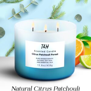 Large Citrus Patchouli Eucalyptus & Cedar Forest 3-Wick Candle - Highly Scented Natural Soy Candle for Home & Office 15.8 oz - Aromatherapy Stress Relief Candle, Refreshing Gift Candle for Women & Men