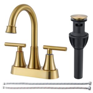 fropo brushed gold bathroom sink faucets - 4inch centerset bathroom faucet 2-handle 360 swivel spout gold faucet bathroom 2 or 3 hole with pop-up drain & supply lines for bathroom vanity rv restroom