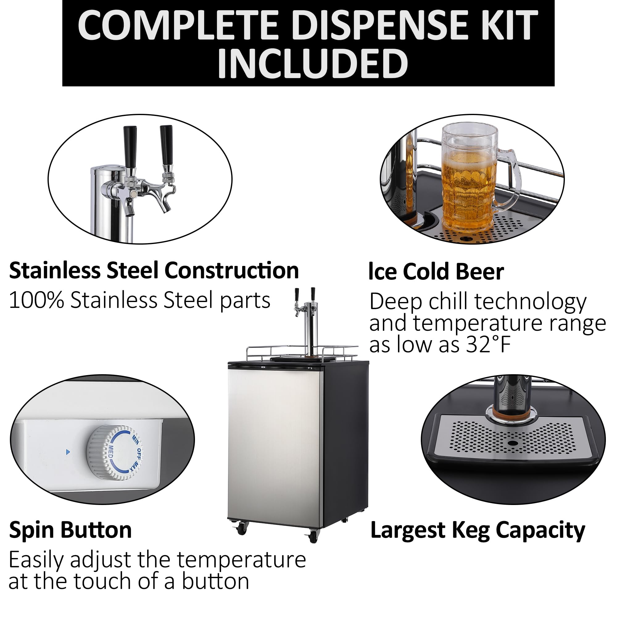 Kegerator and Keg Beer Cooler, Dual Tap Draft Beer Dispenser, Full Size Keg Refrigerator With Shelves, Stainless Steel, Drip Tray & Rail，silver