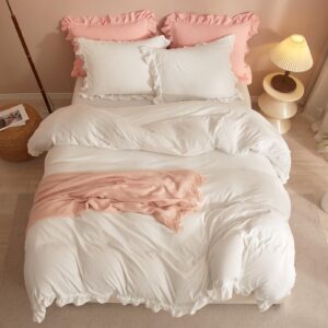 mixinni White Lace Ruffle Edge Duvet Cover Full 100% Washed Microfiber Chic Shabby Farmhouse Style Bedding Set with Zipper Ties Perfect for Him and Her Easy Care, Soft and Durable-Full Size