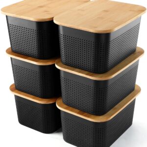 NEATJELAI Storage Bins With Lids 6 Packs Plastic Storage Containers With Bamboo Lids Stackable Storage Baskets for Organizing Desktop Closet Playroom Classroom Office,Black,10.8" L x 7.3" W x 5.1" H