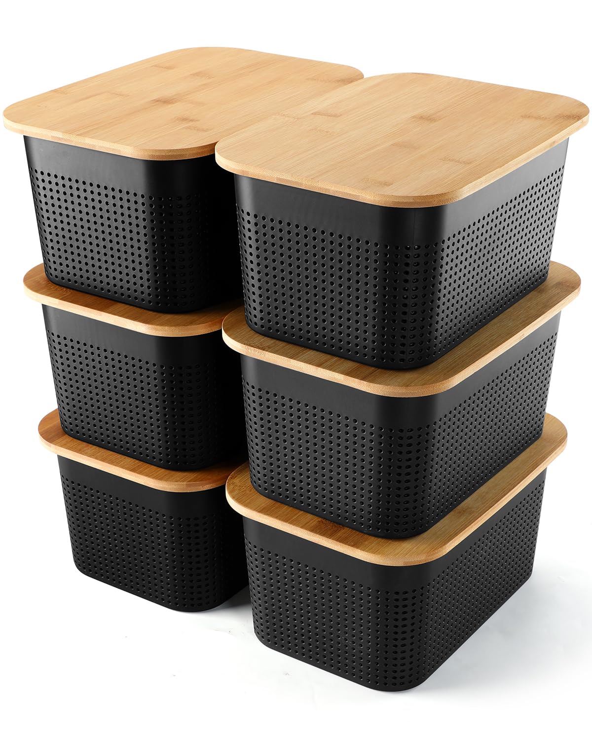 NEATJELAI Storage Bins With Lids 6 Packs Plastic Storage Containers With Bamboo Lids Stackable Storage Baskets for Organizing Desktop Closet Playroom Classroom Office,Black,10.8" L x 7.3" W x 5.1" H