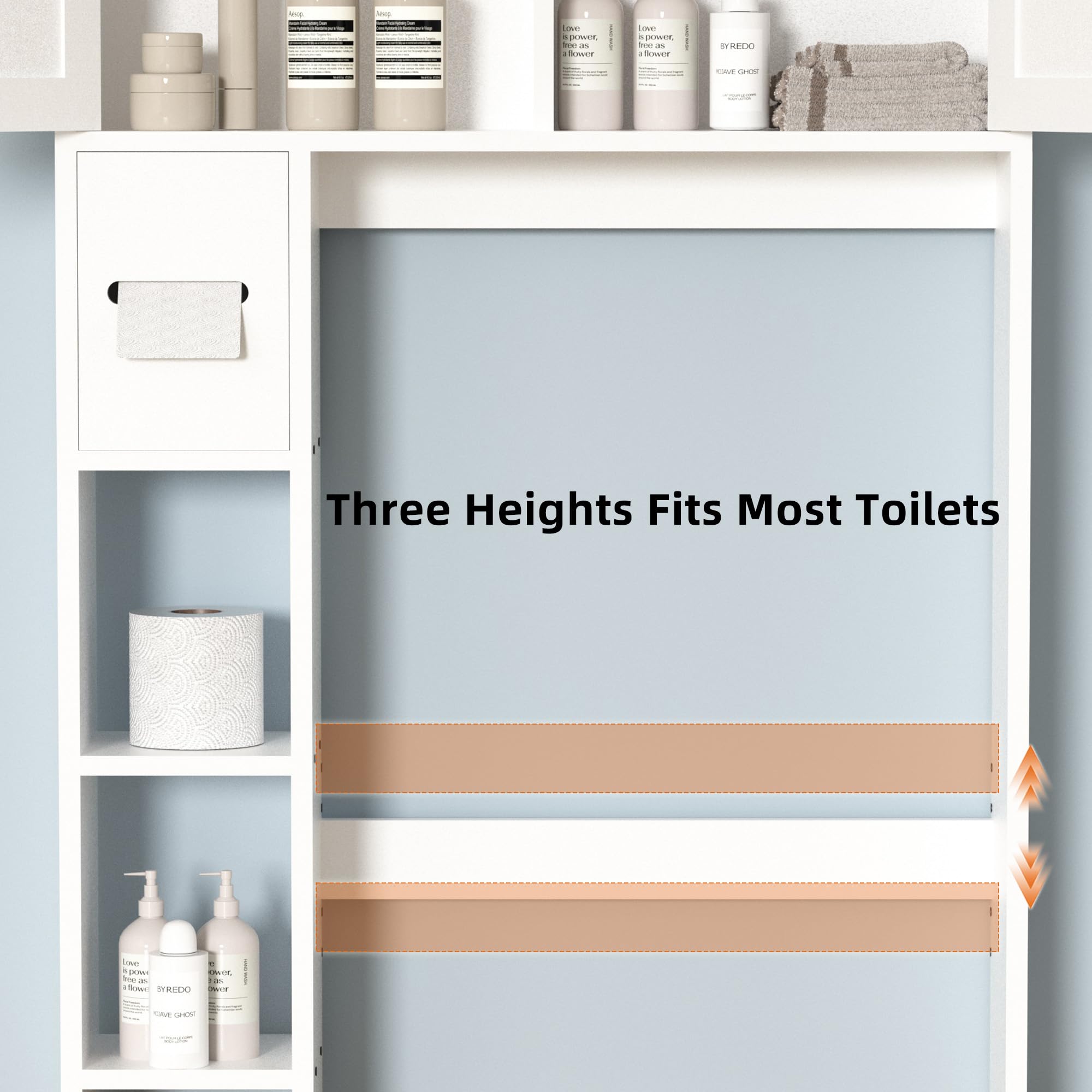 IdeaKey Over The Toilet Storage Cabinet with Toilet Paper Holder Stand, 7-Tier Freestanding Bathroom Over Toilet Storage with Shelves and Doors, Behind Toilet Storage Cabinet, White