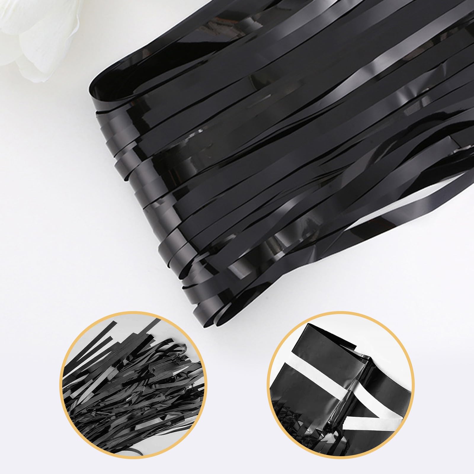 10 Pack Black Foil Curtain Backdrop 3.2ft x 9.8ft Black Metallic Tinsel Foil Fringe Curtains Streamer Photo Booth Backdrop for Birthday Party Engagement Bachelorette Party Decorations (Black)