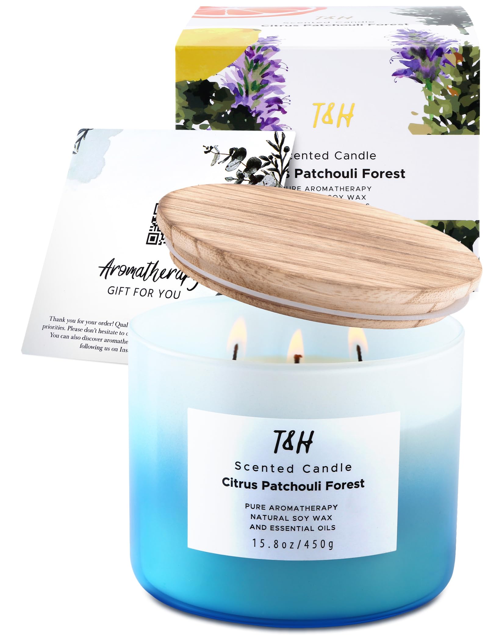 Large Citrus Patchouli Eucalyptus & Cedar Forest 3-Wick Candle - Highly Scented Natural Soy Candle for Home & Office 15.8 oz - Aromatherapy Stress Relief Candle, Refreshing Gift Candle for Women & Men