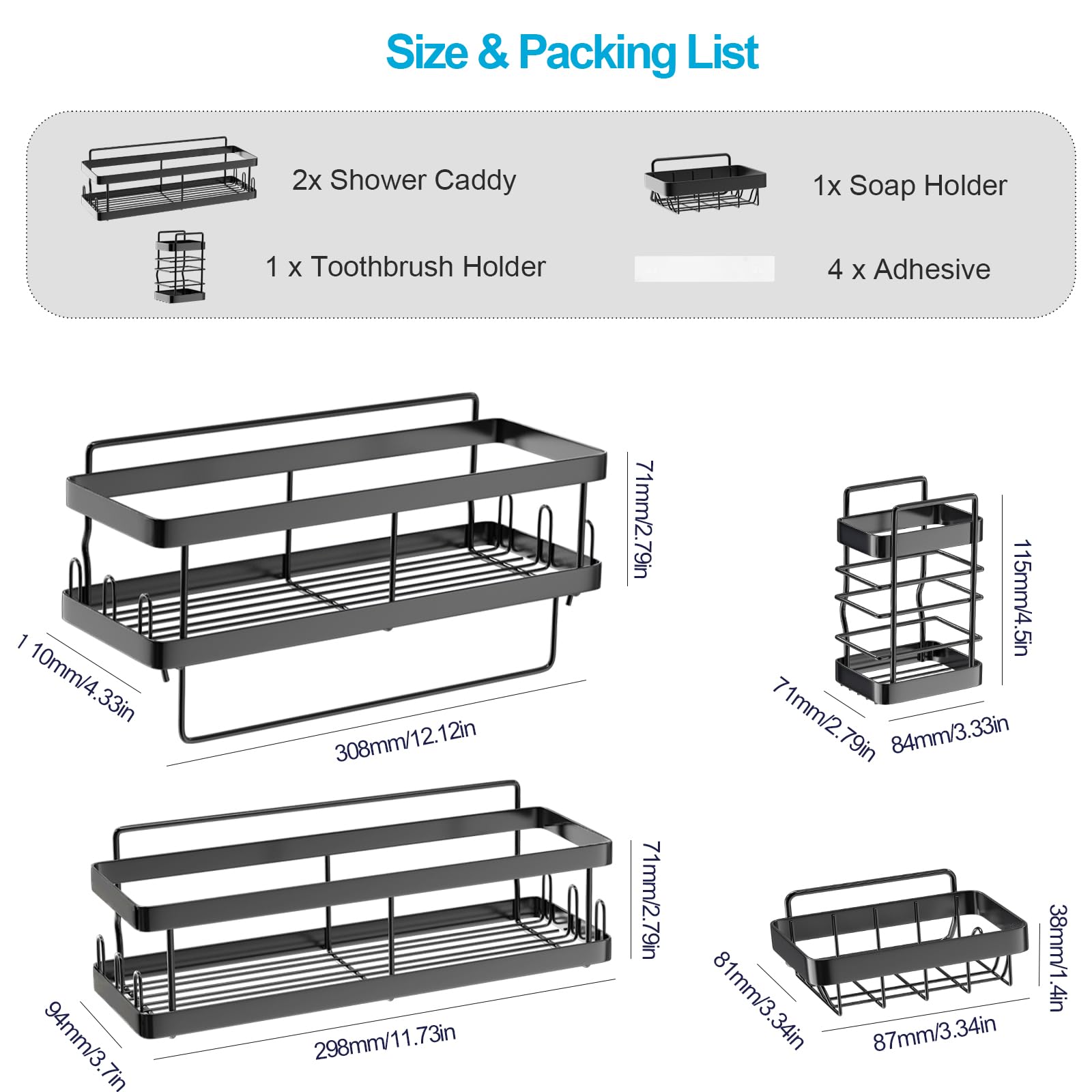 ZTDT Shower Caddy Shelf Organizer Rack Adhesive Shower Organizer Wall Mounted Storage Shower Basket Bathroom Shower Organizers Shower Shelf for Inside Shower with Soap Caddy Toothbrush Holde。