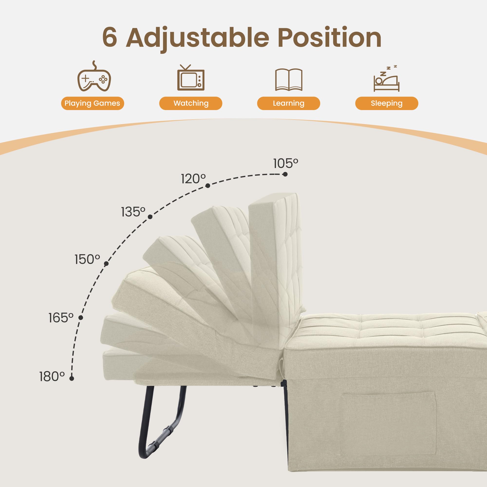 Fiona's magic Sofa Bed, 4 in 1 Multi-Function Convertible Ottoman, Modern Breathable Linen Folding Couch Bed with Adjustable Backrest and Storage Bag for Living Room Apartment Office, Beige