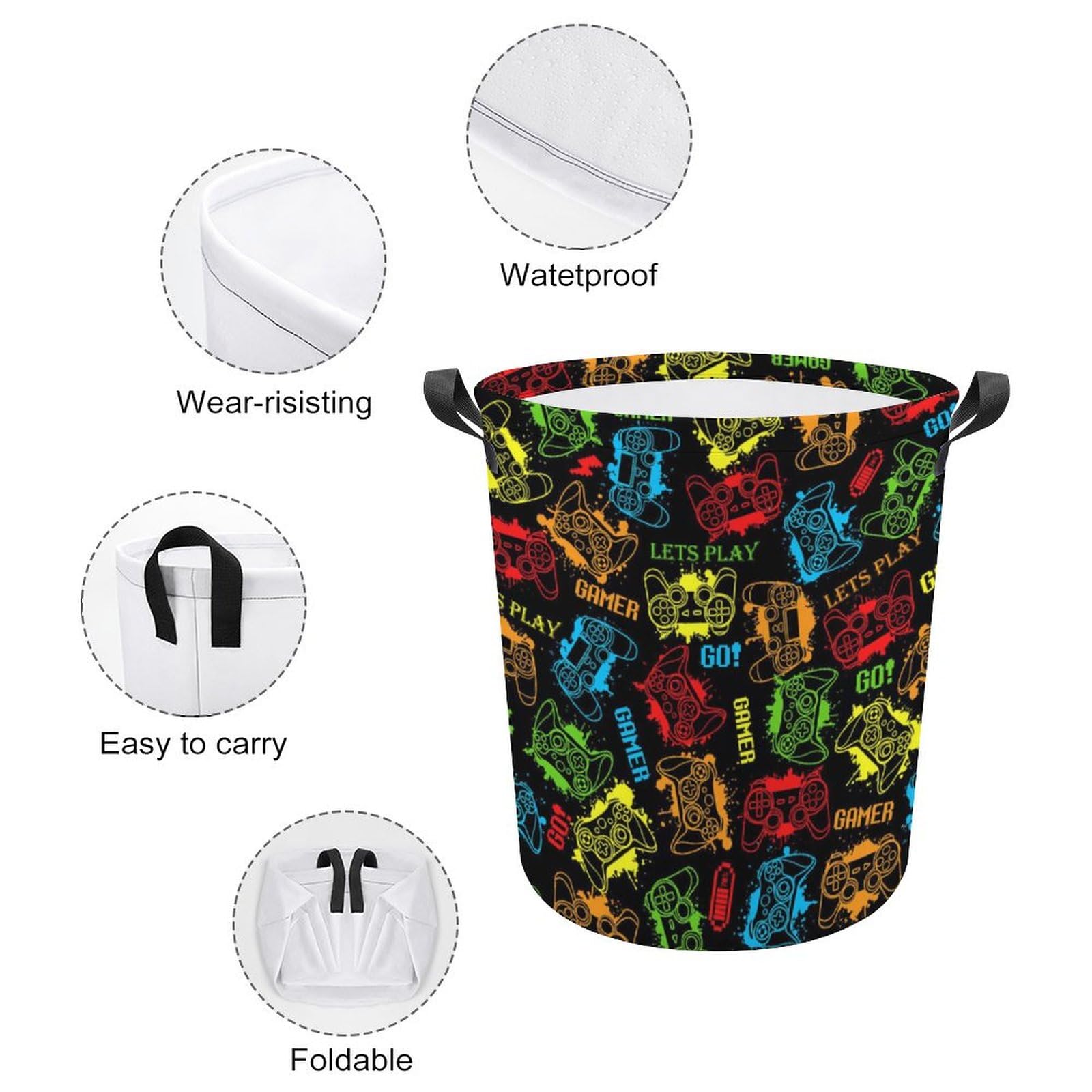 Game Theme Laundry Basket for Gamer Room Decor Boys Gamer Go Play Video Gamepad Storage Hamper Gaming Decor Boys Room for Dirty Clothes -S