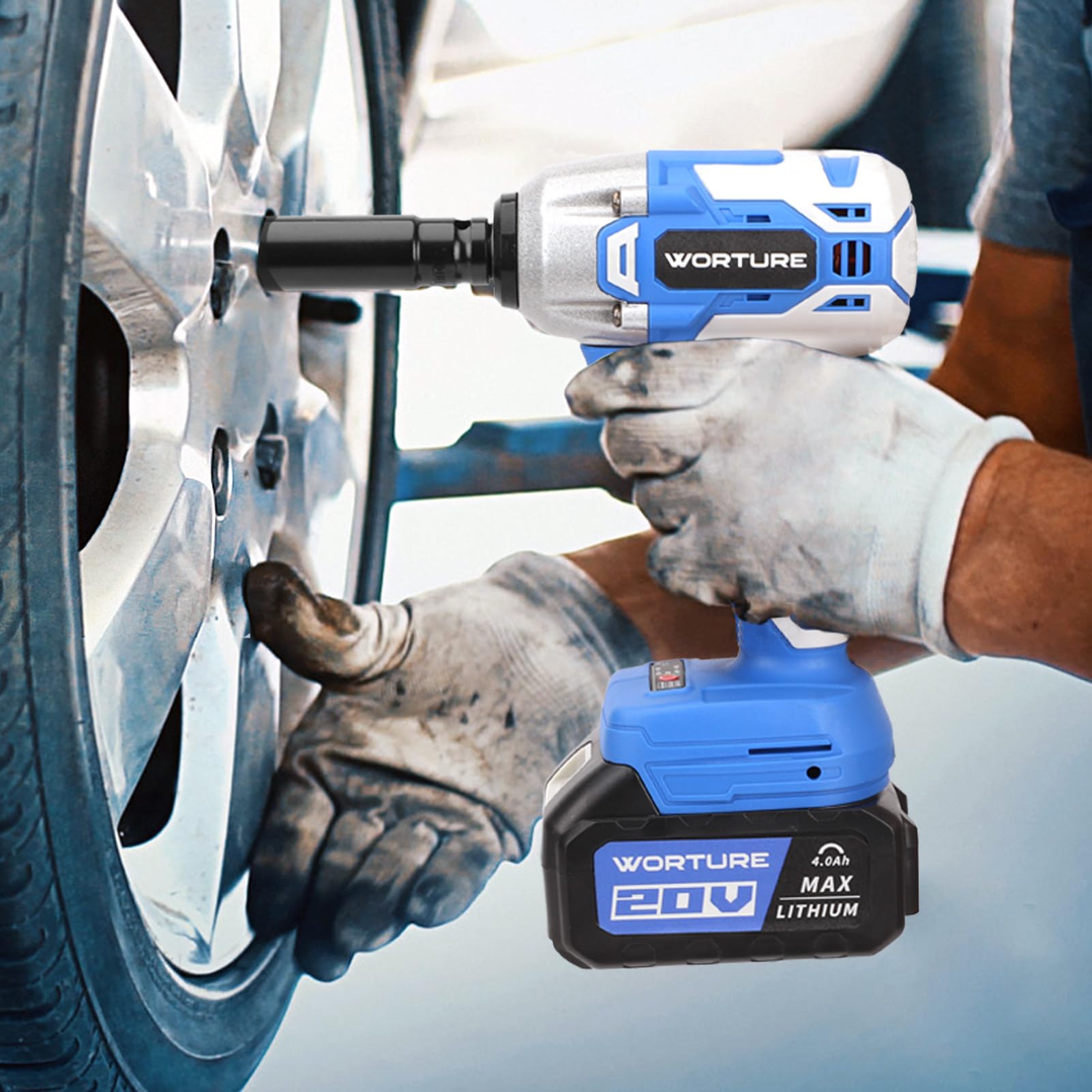 Worture Cordless Impact Wrench Kit - 1/2" Brushless Impact Gun w/Max Torque (320N.m) Power Impact Wrench w/ 4.0Ah Li-ion Battery 7 Sockets&Extension Bar for Home Improvement RV Car Repair