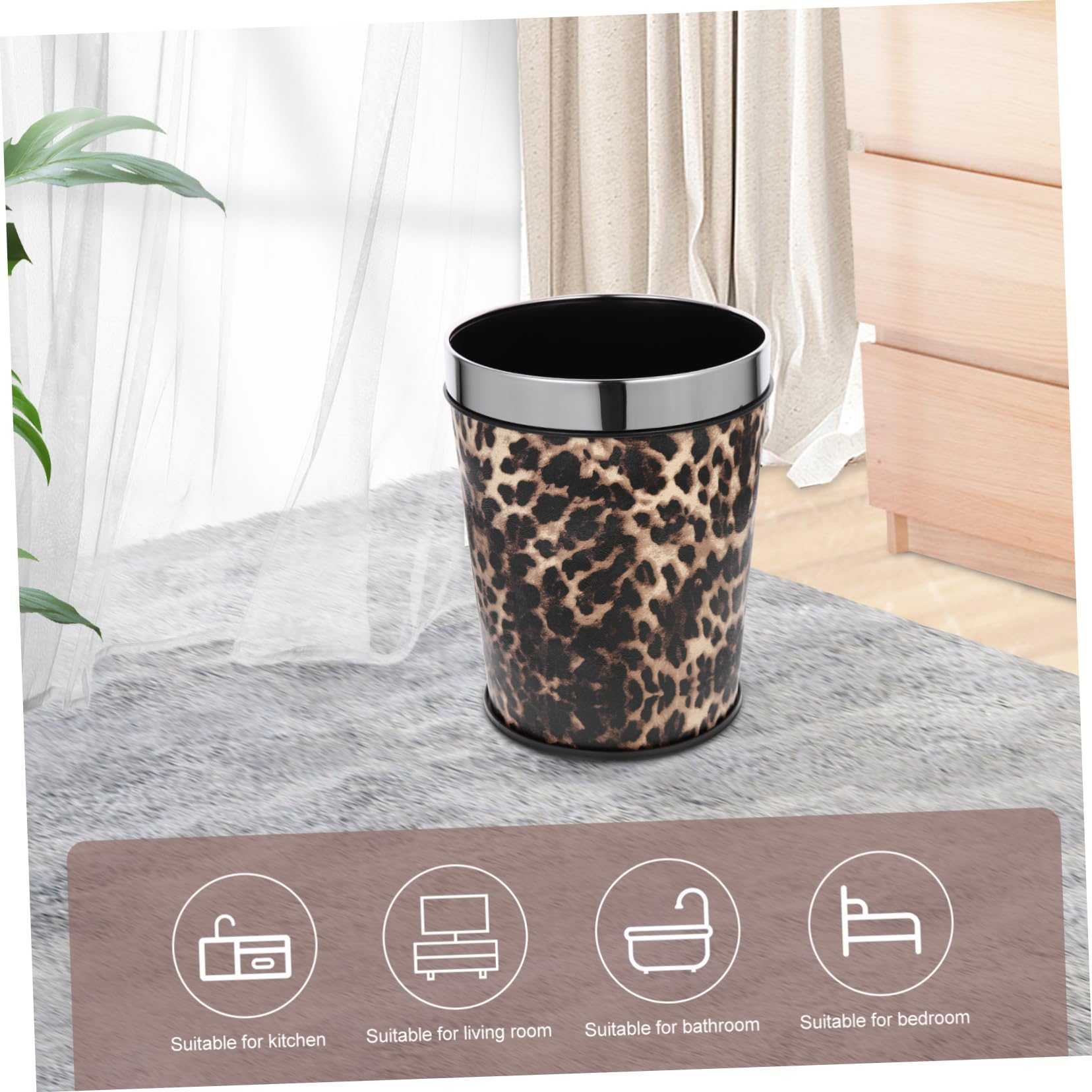 Holibanna Bathroom Trash Can Recycling Bin Round Waste Basket Office Wastebasket Bathroom Garbage Can Trash Cans Office Garbage Can Stainless Steel Leopard Print Container Box