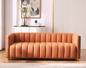 container furniture glam fabric upholstered solid wood frame 82.7" art deco sofa for living room, office, sophisticated 3 seater couch, orange