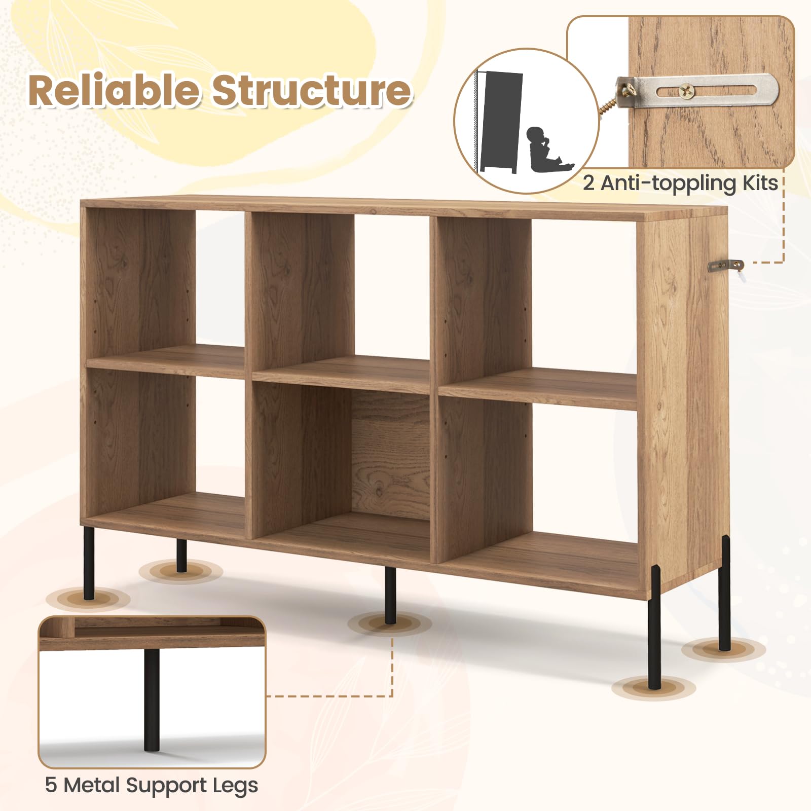 Julimoon 6 Cube Storage Organizer Bookcase, 3-Tier Wood Open Bookshelf with Metal Legs, 5-Position Adjustable Display Shelf & Anti-Tipping Device, Freestanding Organizer for Home, Office & Living Room