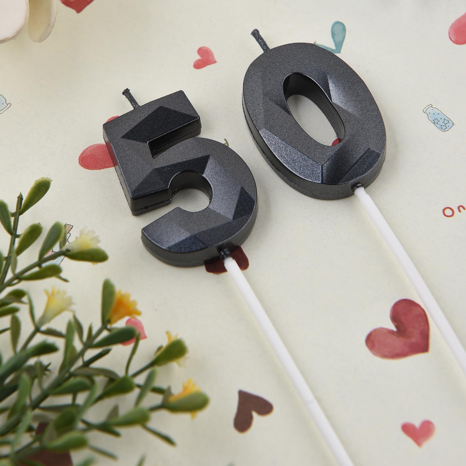 2 inch Black 50 Birthday Candles, 3D Diamond Number 50 Cake Topper for Men Women Birthday Party Decorations Theme Party