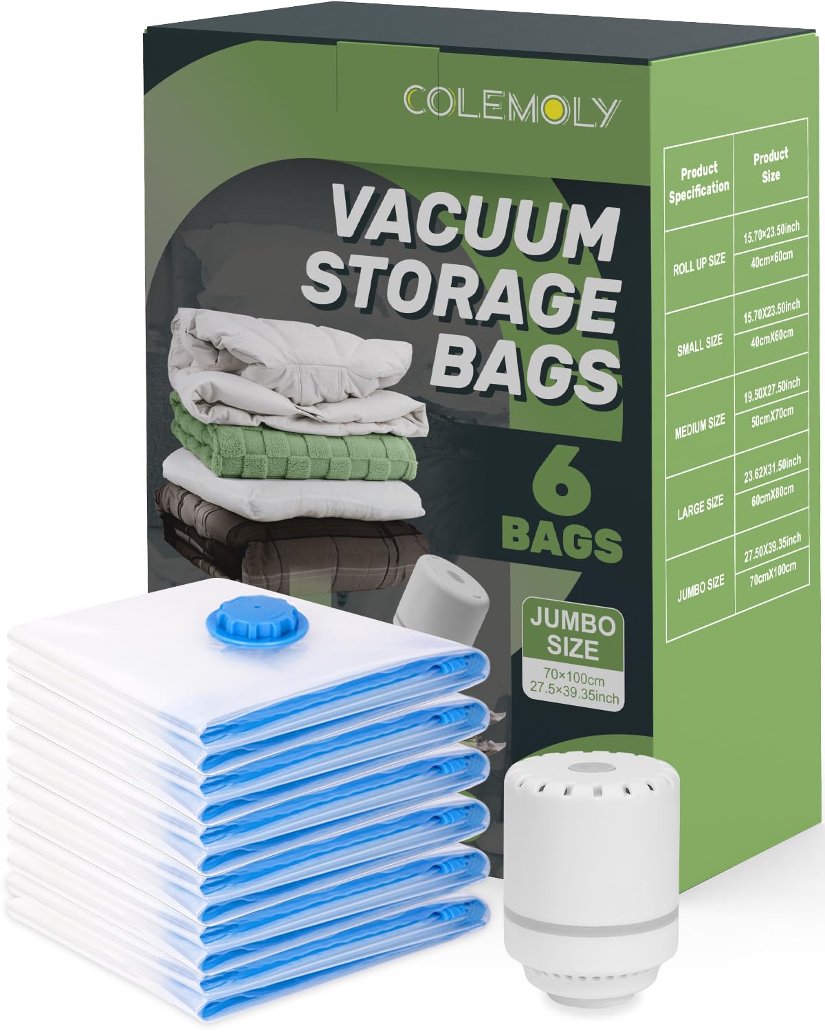 Vacuum Storage Bags (6 Jumbo Pack) Space Saver Bags with 1 Electric Air Pump Vacuum Seal Bags Compression Bags for Clothes Blanket Duvets Pillows Comforters Travel Moving