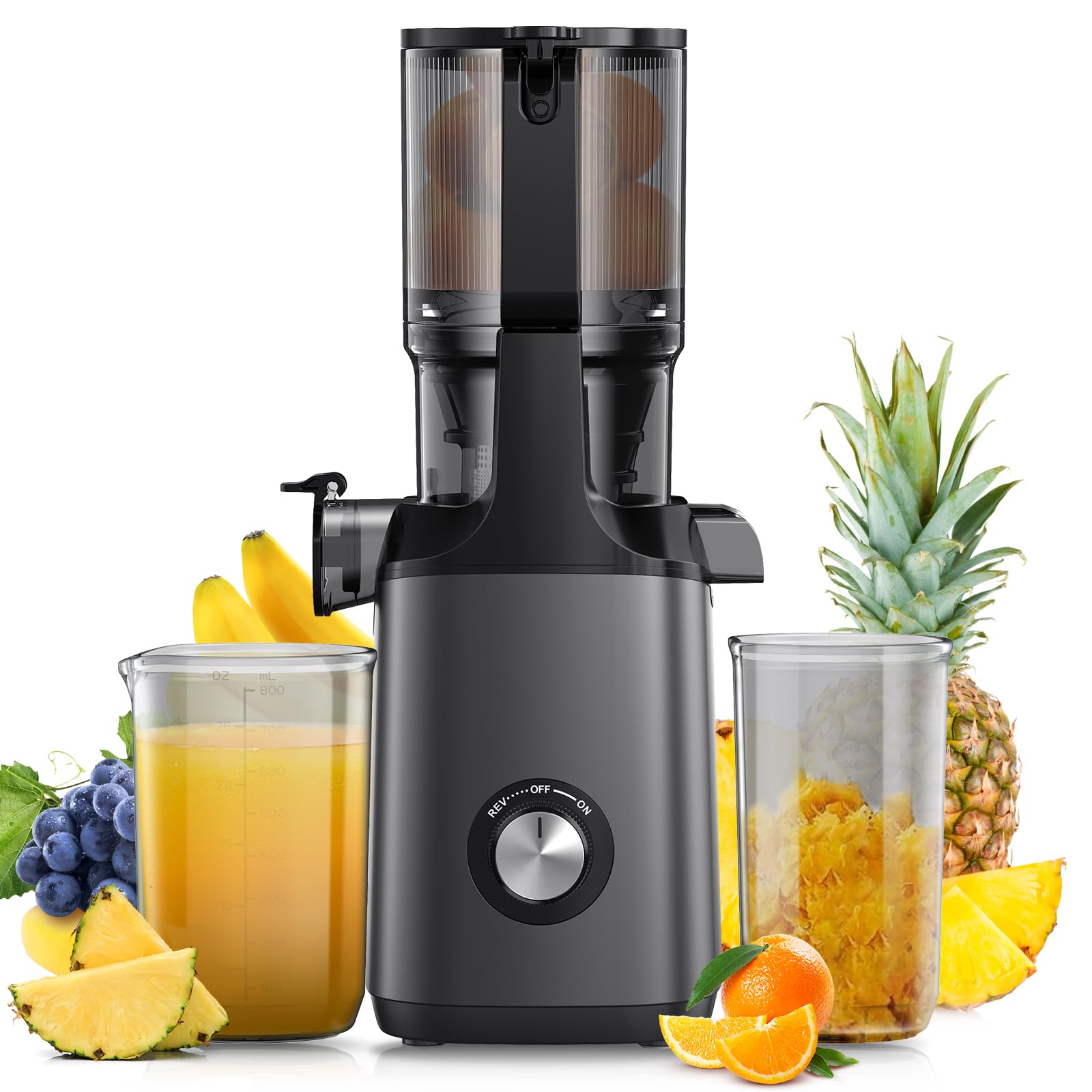 Cold Press Juicer, JoyBear Slow Masticating Machines with 5.3" Extra Large Feed Chute Fit Whole Fruits Vegetables Easy Clean Self Feeding Effortless for Batch Juicing, High Juice Yield, BPA Free 200W