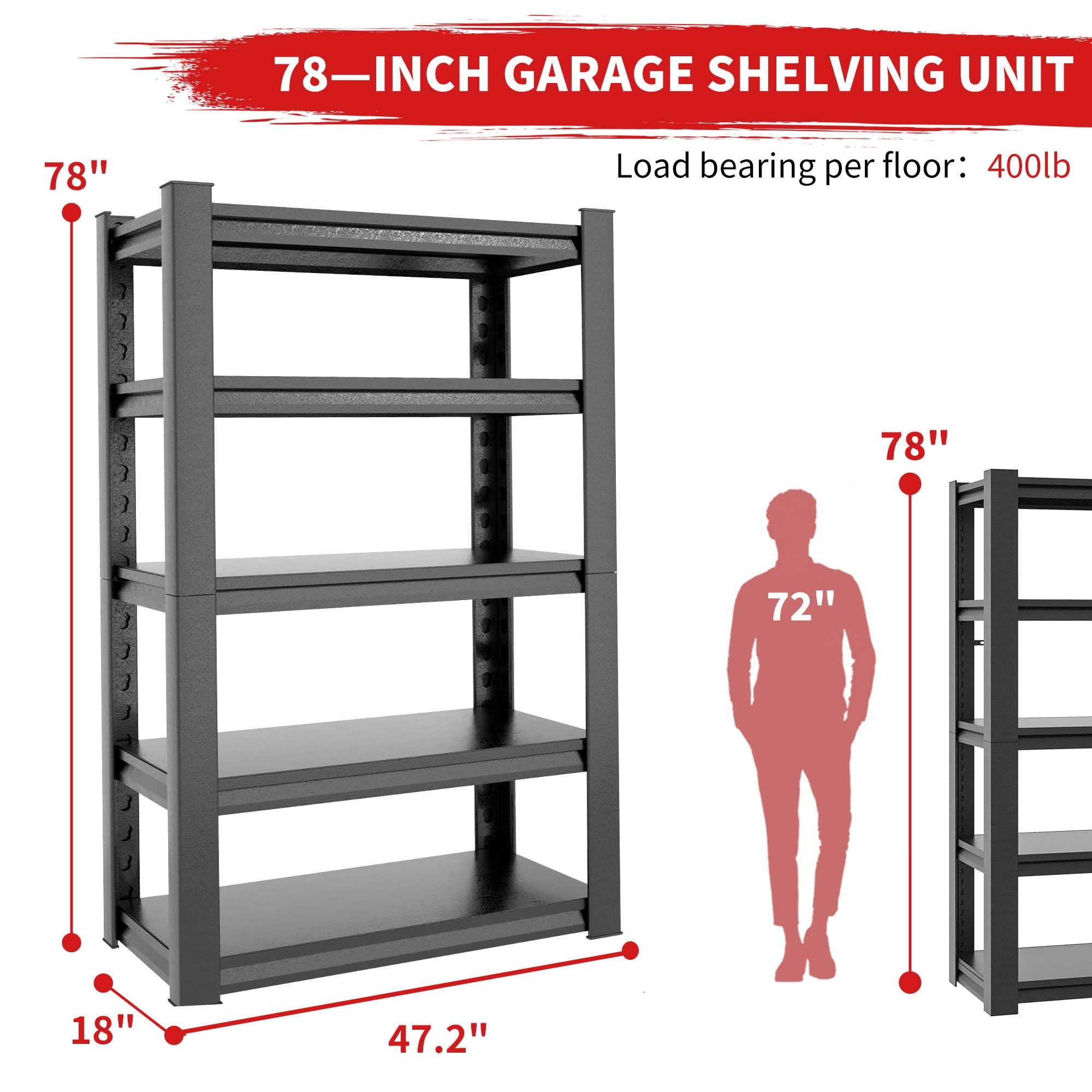 Garage Shelving Heavy Duty,78inch H*48"Wide Metal Shelving Units for Garage Storage Shelves Adjustable Shelves,2000lbs,5 Tier Industrial Shelving Shelf Metal Shelves for Storage For Warehouse Basement