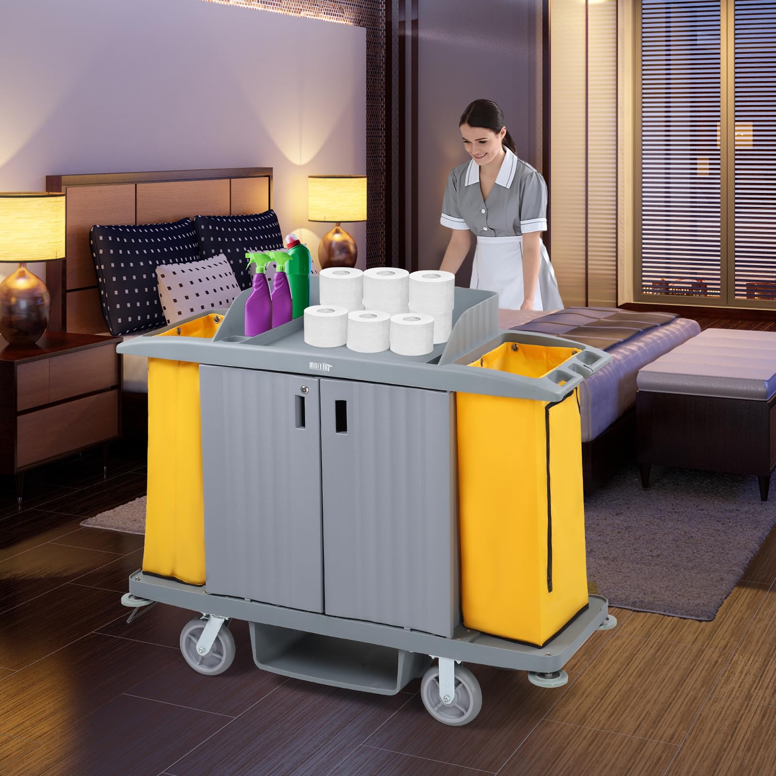 TUFFIOM Industrial Multifunctional Locking Hotel Cart,Commercial Traditional Cleaning Janitorial Room Service Housekeeping Cart, 51" H x 59" W x 20" D