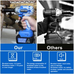 Worture Cordless Impact Wrench Kit - 1/2" Brushless Impact Gun w/Max Torque (320N.m) Power Impact Wrench w/ 4.0Ah Li-ion Battery 7 Sockets&Extension Bar for Home Improvement RV Car Repair