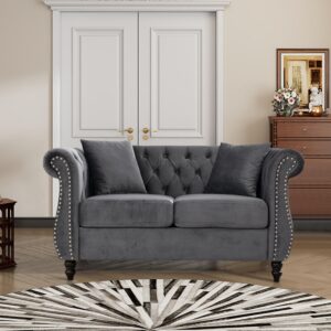 ATUMON 59" Chesterfield Loveseat Velvet Sofa for Living Room,2-Seater Sofa Tufted Couch with Two Pillows,Rolled Arms and Nailhead for Living Room, Bedroom, Office Grey