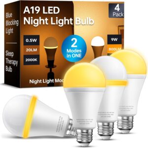 KINDEEP Sleep Light Bulb, 0.5W Amber Light Bulbs, 20lm 2000K, 2 Modes Bulb, 9W Equivalent 60W, 800lm, 2700K, E26 Blue Light Blocking Dim Lightbulbs for Lamp, Bderoom, Mood Soothing, Nursery, 4 Pack