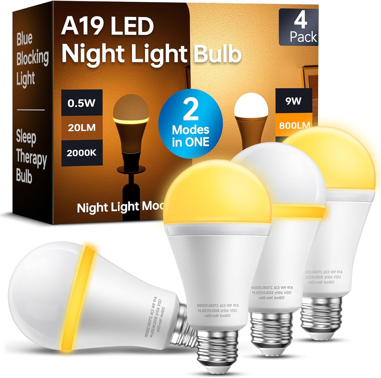 KINDEEP Sleep Light Bulb, 0.5W Amber Light Bulbs, 20lm 2000K, 2 Modes Bulb, 9W Equivalent 60W, 800lm, 2700K, E26 Blue Light Blocking Dim Lightbulbs for Lamp, Bderoom, Mood Soothing, Nursery, 4 Pack