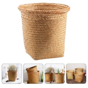 GANAZONO Straw Woven Trash Can, Wicker Waste Bin 12 Inch Small Handmade Planter Rustic Flower Pot Round Waste Basket Farmhouse Garbage Can for Bathroom Desktop Rubbish