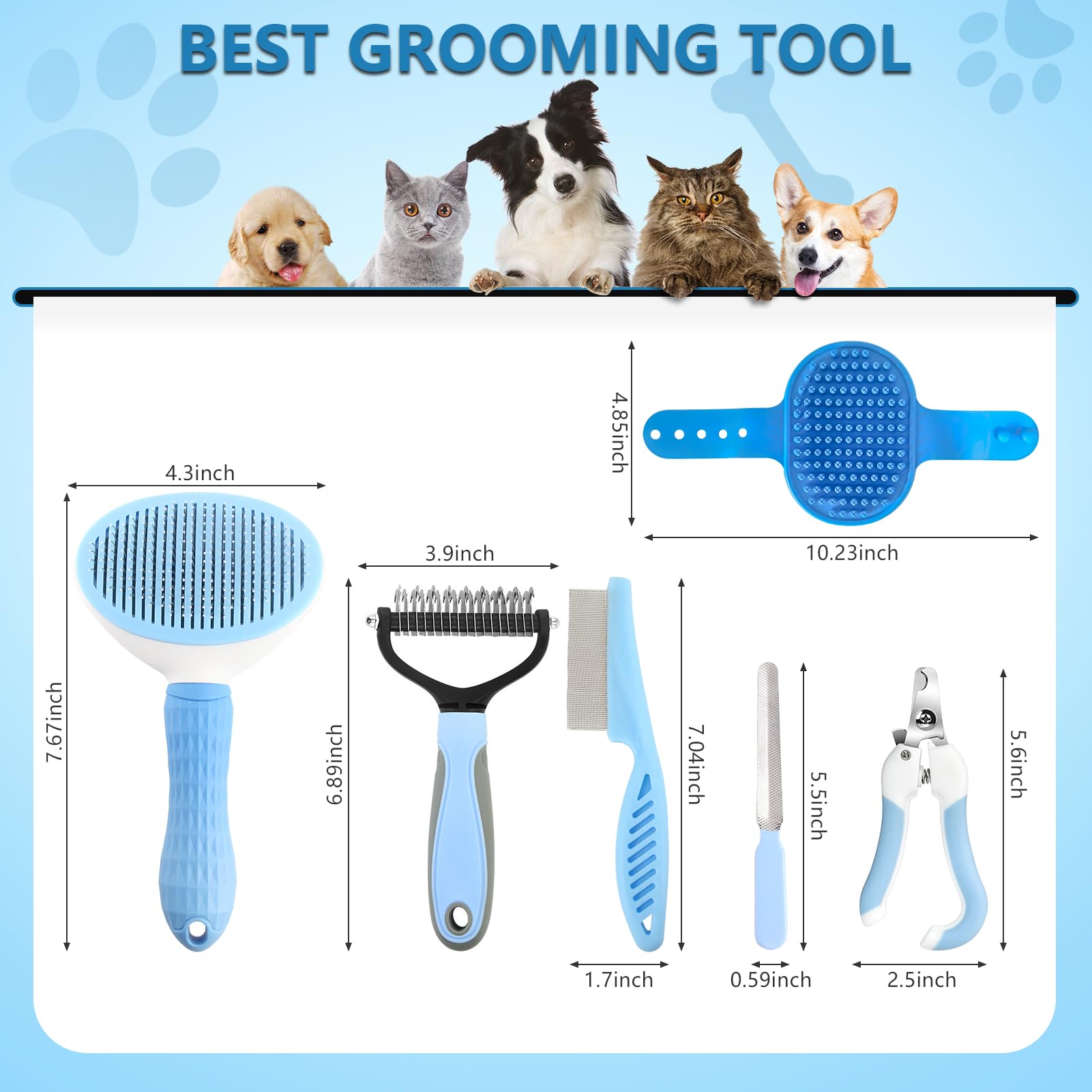 Lanswood Dog Brush Dog Grooming Kit 6PCS Dog Brush for Shedding-Dog Brushes for Grooming, Dematting Comb for Dogs, Cat & Dog Nail Clipper with Nail File, Flea Comb, Dog Bath Brush-Blue