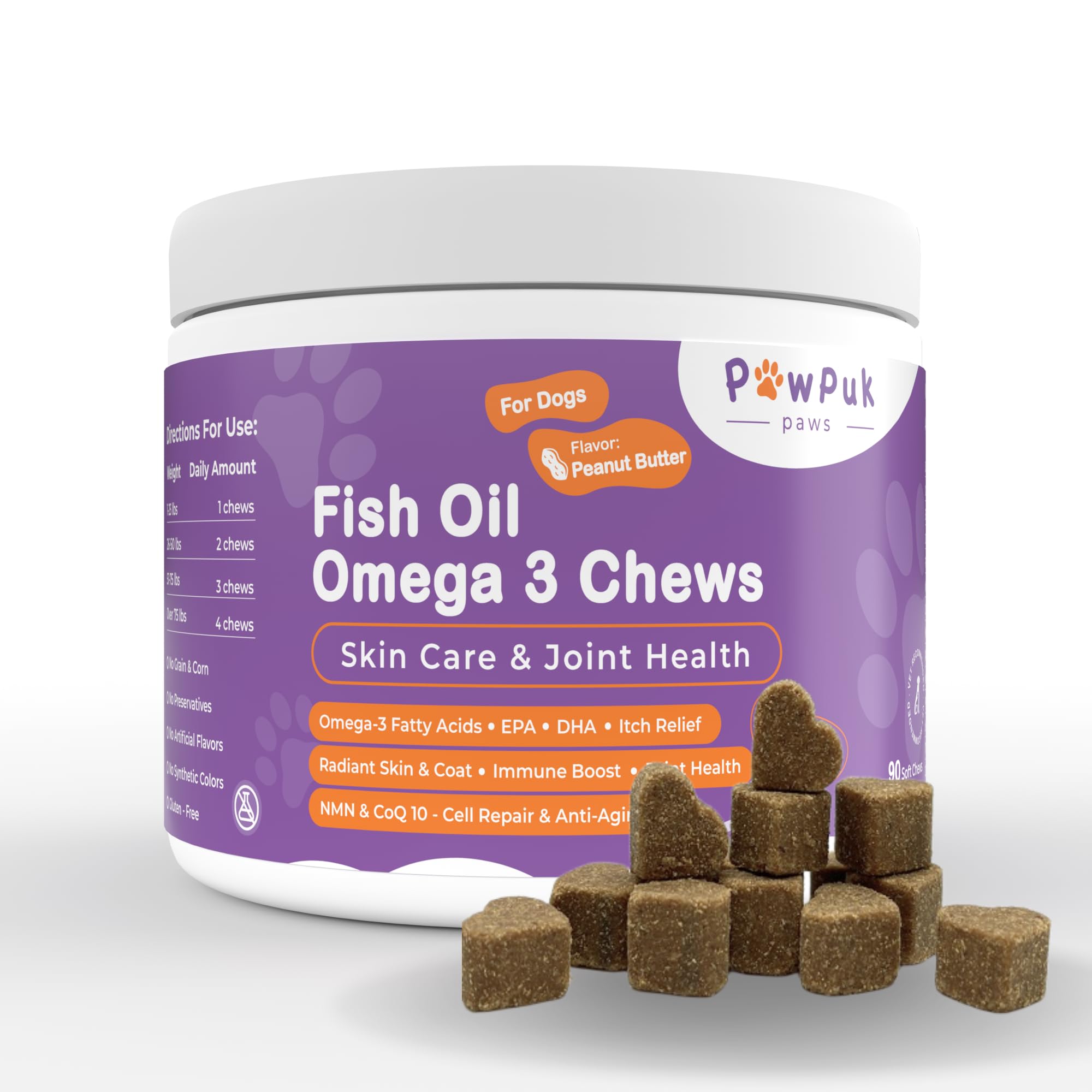 PawPuk Paws Omega 3 Fish Oil Chews for Dogs - EPA & DHA for Skin & Coat Health Plus Overall Health, Itch Relief, Joint & Mobility Support, CoQ10 & NMN - Natural Anti-Aging Supplement for Dogs