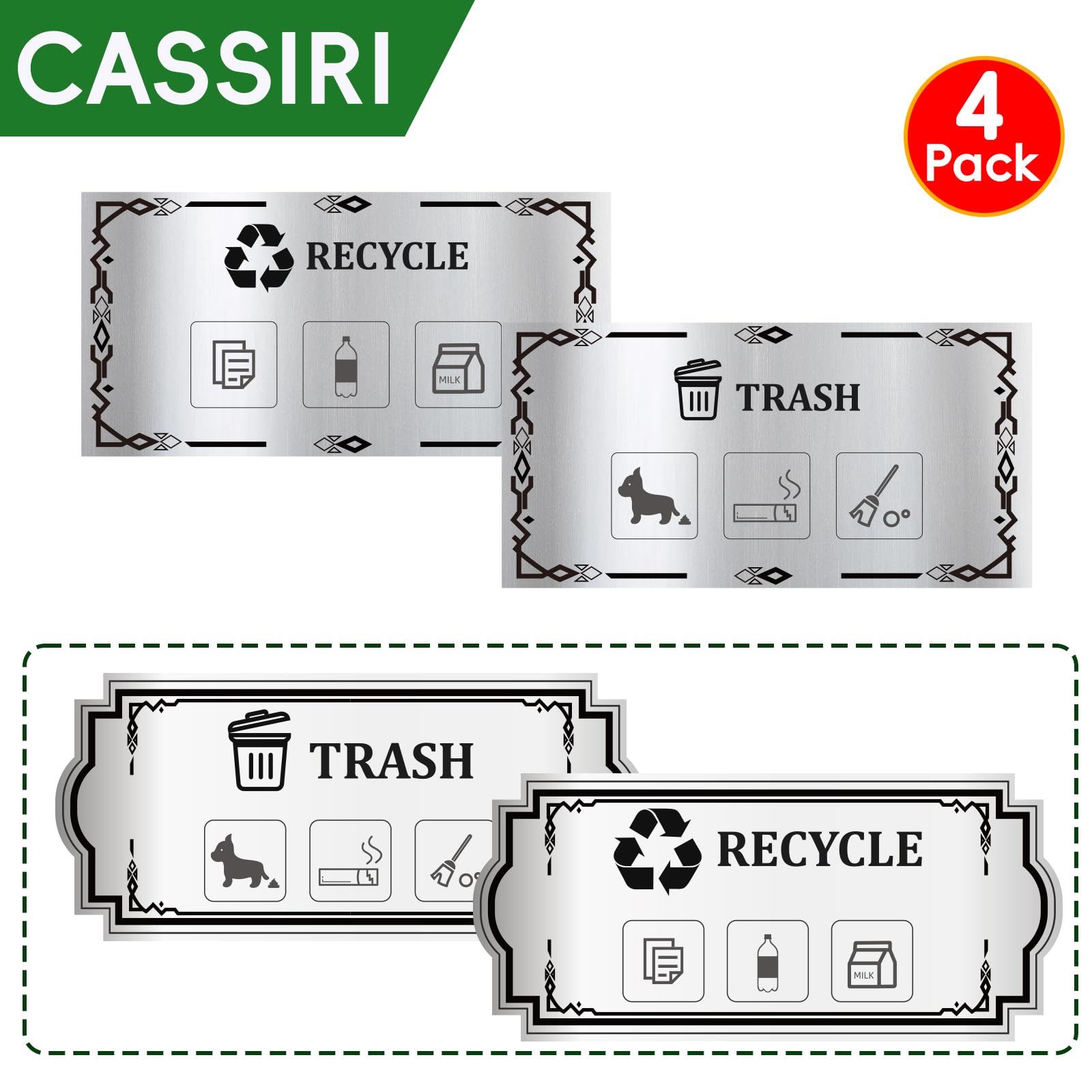 cassiri Recycle Stickers for Trash Bins - 4-Piece Set, Recycle Sticker Standard Garbage Signs Sticker, Trash and Recycle Stickers Waterproof Strong Adhesive, Recycling Stickers for Trash Can (Square)