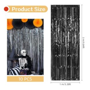 10 Pack Black Foil Curtain Backdrop 3.2ft x 9.8ft Black Metallic Tinsel Foil Fringe Curtains Streamer Photo Booth Backdrop for Birthday Party Engagement Bachelorette Party Decorations (Black)